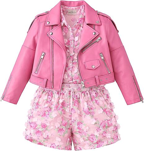 Toddler Girl 3PCS Outfit Pink Floral Set with Faux Leather Jacket Kids Clothes 2-8Y in Saudi Arabia