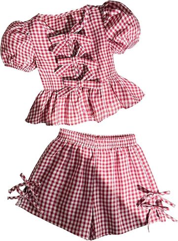 Verdusa Girl's 2 Piece Vacation Outfits Gingham Plaid Bow Puff Sleeve Babydoll Tops with Shorts Cute Summer Sets in Saudi Arabia
