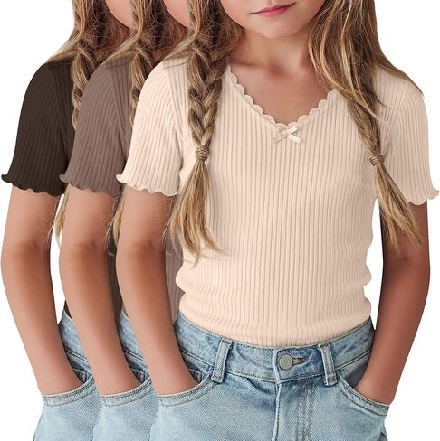 3 Pack Girl's Short Sleeve Shirts Ribbed V Neck Tees Slim Fit Lace Trim Blouse Bow Lettuce Trim T-Shirts 5-14 Years in Kuwait