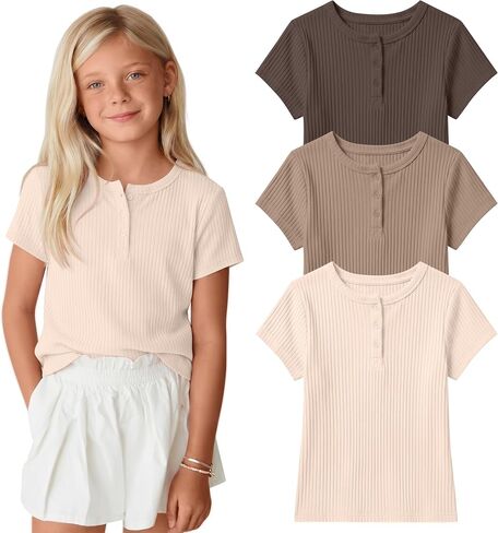 3 Pack Girls Henley Ribbed T Shirts 5-14Y Short Sleeve Button Down Summer Round Neck Tops Knit Loose Layering Tees in Kuwait