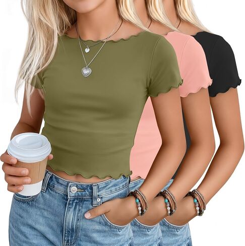 Oakgarden 3 Pack Girls Crop Tops Short Sleeve Teens Boat Neck Fitted Tees Lettuce Trim Cropped T-Shirts for Kids 5-16 Years in Kuwait