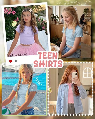 Oakgarden 3 Pack Girls Crop Tops Short Sleeve Teens Boat Neck Fitted Tees Lettuce Trim Cropped T-Shirts for Kids 5-16 Years in Kuwait