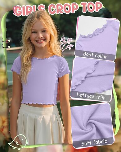 Oakgarden 3 Pack Girls Crop Tops Short Sleeve Teens Boat Neck Fitted Tees Lettuce Trim Cropped T-Shirts for Kids 5-16 Years in Kuwait