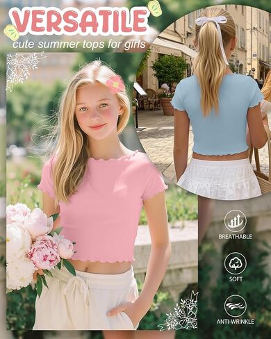 Oakgarden 3 Pack Girls Crop Tops Short Sleeve Teens Boat Neck Fitted Tees Lettuce Trim Cropped T-Shirts for Kids 5-16 Years in Kuwait