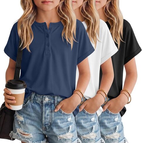 3 Pack Girl's T Shirts Summer Short Sleeve Tops Henley Round Neck Cute Shirts Loose Fit Kids Casual Basic Tees in Kuwait