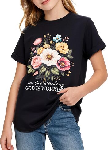 Kids4ever Girls Graphic Tees Short Sleeve T Shirts for Kids Summer Curve Hem Tunic Tops 7-14 Years in Saudi Arabia