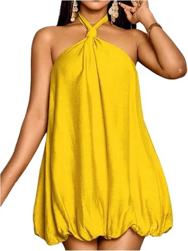 Floerns Women's Halter Neck Bubble Dress Sleeveless Tie Backless Beach Wedding Guest Dresses in Kuwait