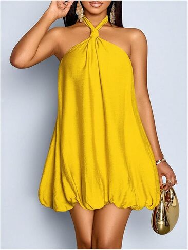 Floerns Women's Halter Neck Bubble Dress Sleeveless Tie Backless Beach Wedding Guest Dresses in Kuwait