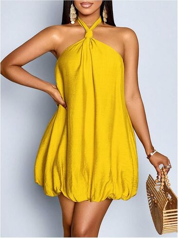 Floerns Women's Halter Neck Bubble Dress Sleeveless Tie Backless Beach Wedding Guest Dresses in Kuwait