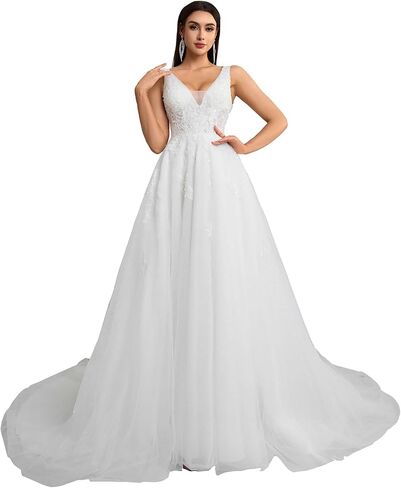 Women's V-Neck Lace Wedding Dress Sleeveless A-Line Bridal Gown with Train in Saudi Arabia