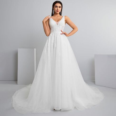 Women's V-Neck Lace Wedding Dress Sleeveless A-Line Bridal Gown with Train in Saudi Arabia