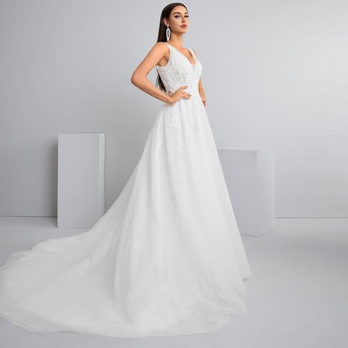 Women's V-Neck Lace Wedding Dress Sleeveless A-Line Bridal Gown with Train in Saudi Arabia