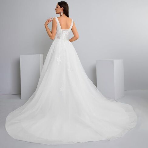 Women's V-Neck Lace Wedding Dress Sleeveless A-Line Bridal Gown with Train in Saudi Arabia