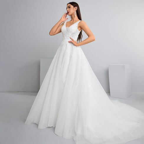 Women's V-Neck Lace Wedding Dress Sleeveless A-Line Bridal Gown with Train in Saudi Arabia