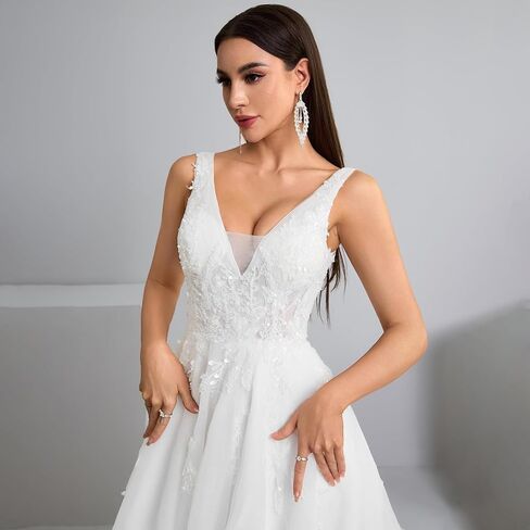 Women's V-Neck Lace Wedding Dress Sleeveless A-Line Bridal Gown with Train in Saudi Arabia