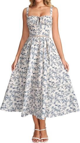 Colysmo Floral Corset Midi Dress for Women 2026 Lace Up Flowy A Line Summer Wedding Guest Dresses with Pockets in Saudi Arabia