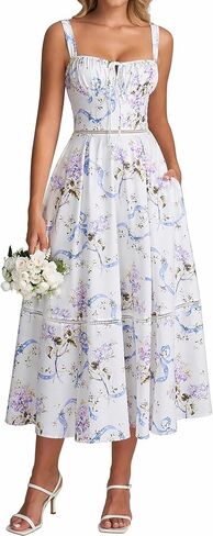 Colysmo Floral Corset Midi Dress for Women 2026 Lace Up Flowy A Line Summer Wedding Guest Dresses with Pockets in Saudi Arabia