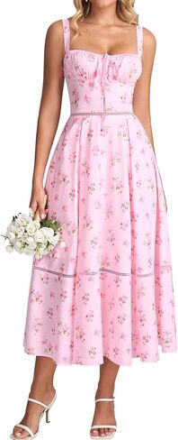 Colysmo Floral Corset Midi Dress for Women 2026 Lace Up Flowy A Line Summer Wedding Guest Dresses with Pockets in Saudi Arabia