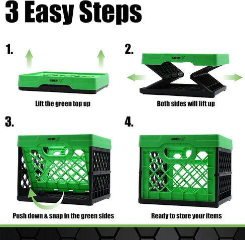 GRIP Folding Stackable Storage Bin, 6 Gallon - Dimensions: 13" x 13" x 11" - Milk Crate - Capacity: 50 lbs - Heavy Duty, Plastic Collapsible Crate for Sporting Goods, Toys, Pool Toys, Decor, Files in Saudi Arabia