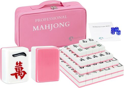 Mahjong Game Set, 144 40mm(1.57") Melamine Tiles with 4 Dices 40 Poker Chips and One Storage Bag, Complete Mahjong Tiles Set, Large, Majiang, 麻将, Pink in Saudi Arabia