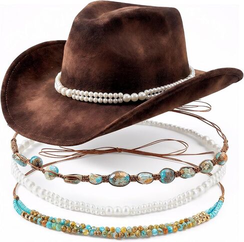 3Pcs Adjustable Cowboy Hat Band for Women Men, Turquoise Cowboy Beaded Bands, Cowgirl Rope Belt, Turquoise Hand Made Replaceable Beaded Belt for Panama Fedora in Kuwait