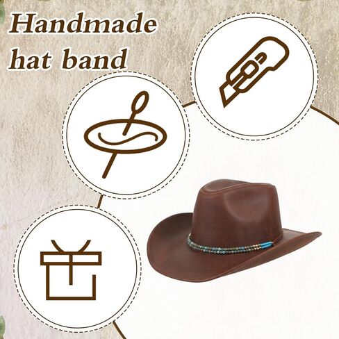 3Pcs Adjustable Cowboy Hat Band for Women Men, Turquoise Cowboy Beaded Bands, Cowgirl Rope Belt, Turquoise Hand Made Replaceable Beaded Belt for Panama Fedora in Kuwait