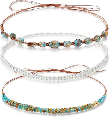 3Pcs Adjustable Cowboy Hat Band for Women Men, Turquoise Cowboy Beaded Bands, Cowgirl Rope Belt, Turquoise Hand Made Replaceable Beaded Belt for Panama Fedora in Kuwait