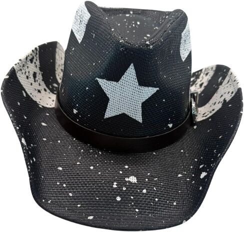 Straw Cowboy Hat - Black Cowboy Cowboy Hat for Men with Puerto Rico Printing, Lightweight Western Sombrero Vaquero (US, Alpha, One Size, Black Flag Star) in Saudi Arabia