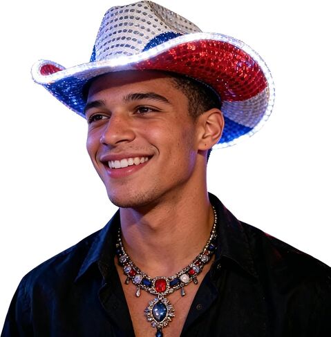 Sparkly Cowboy Hats Classic American Flag Summer Sunhat Sequin Western Cowboy Hat for Men Women in Kuwait