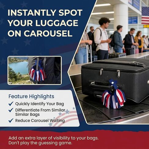 2 Pcs Patriotic Luggage Pom Poms for Suitcases - Red White and Blue Luggage Identifiers for Travel, USA Colors Suitcase Tags, Unique Bag Markers with Snap Button for Easy Spotting in Saudi Arabia