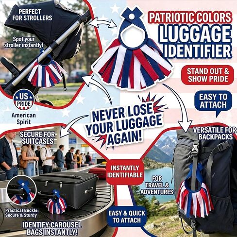 2 Pcs Patriotic Luggage Pom Poms for Suitcases - Red White and Blue Luggage Identifiers for Travel, USA Colors Suitcase Tags, Unique Bag Markers with Snap Button for Easy Spotting in Saudi Arabia