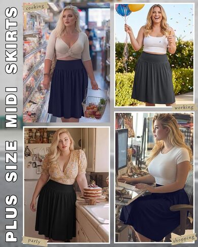 Riyiper 3 Pack Plus Size Knee Length Skirts for Curvy Women Pockets Flared High Waist Midi Pleated Flowy A Line Summer Skirts in Kuwait