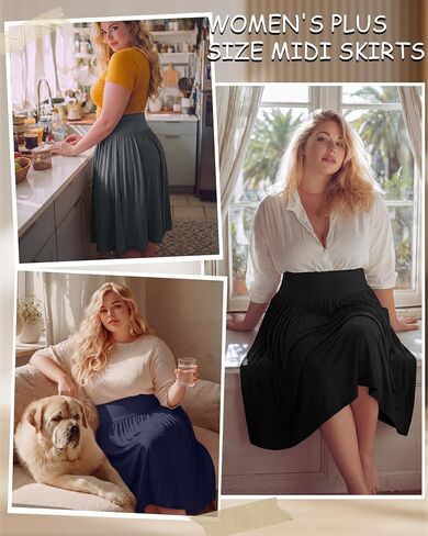 Riyiper 3 Pack Plus Size Knee Length Skirts for Curvy Women Pockets Flared High Waist Midi Pleated Flowy A Line Summer Skirts in Kuwait
