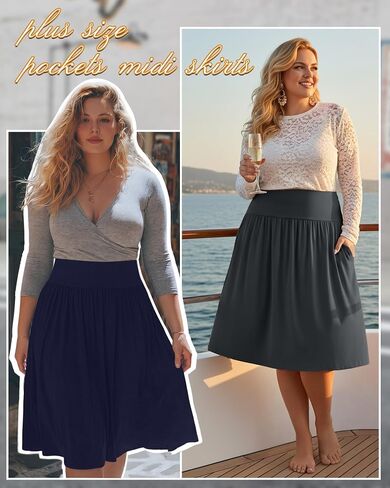 Riyiper 3 Pack Plus Size Knee Length Skirts for Curvy Women Pockets Flared High Waist Midi Pleated Flowy A Line Summer Skirts in Kuwait