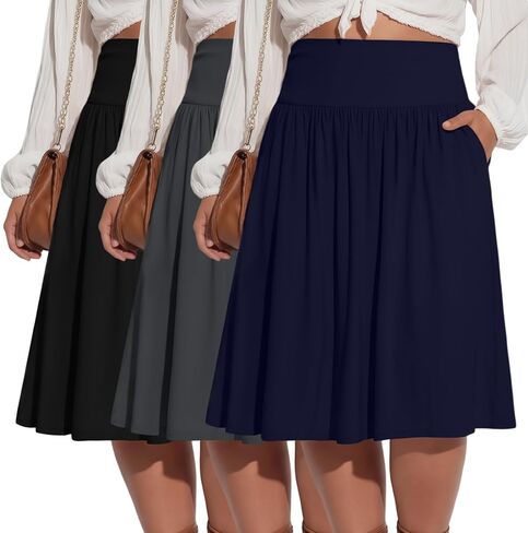 Riyiper 3 Pack Plus Size Knee Length Skirts for Curvy Women Pockets Flared High Waist Midi Pleated Flowy A Line Summer Skirts in Kuwait