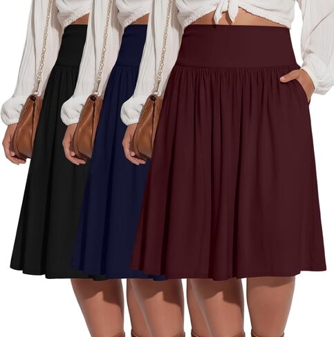 Riyiper 3 Pack Plus Size Knee Length Skirts for Curvy Women Pockets Flared High Waist Midi Pleated Flowy A Line Summer Skirts in Kuwait