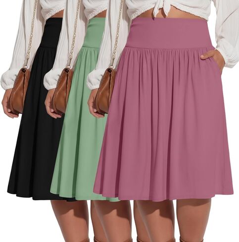 Riyiper 3 Pack Plus Size Knee Length Skirts for Curvy Women Pockets Flared High Waist Midi Pleated Flowy A Line Summer Skirts in Kuwait