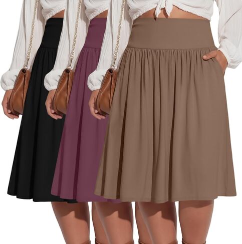 Riyiper 3 Pack Plus Size Knee Length Skirts for Curvy Women Pockets Flared High Waist Midi Pleated Flowy A Line Summer Skirts in Kuwait