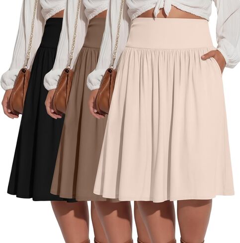 Riyiper 3 Pack Plus Size Knee Length Skirts for Curvy Women Pockets Flared High Waist Midi Pleated Flowy A Line Summer Skirts in Kuwait