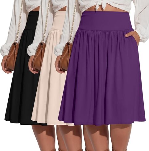 Riyiper 3 Pack Plus Size Knee Length Skirts for Curvy Women Pockets Flared High Waist Midi Pleated Flowy A Line Summer Skirts in Kuwait