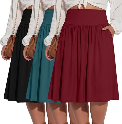 Riyiper 3 Pack Plus Size Knee Length Skirts for Curvy Women Pockets Flared High Waist Midi Pleated Flowy A Line Summer Skirts in Kuwait