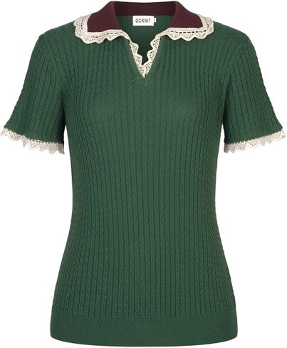 OXKnit Women's Knitted Polo Shirts Short Sleeve, 1960s Mod Style Vintage Texture Green Cotton V-Neck Tops Knitwear in Kuwait