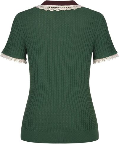 OXKnit Women's Knitted Polo Shirts Short Sleeve, 1960s Mod Style Vintage Texture Green Cotton V-Neck Tops Knitwear in Kuwait