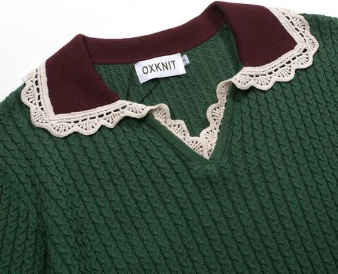 OXKnit Women's Knitted Polo Shirts Short Sleeve, 1960s Mod Style Vintage Texture Green Cotton V-Neck Tops Knitwear in Kuwait