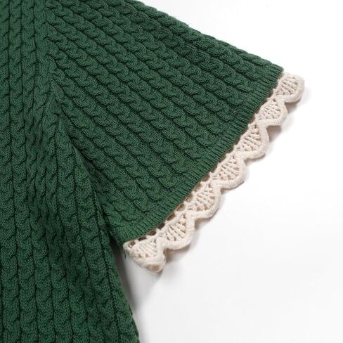 OXKnit Women's Knitted Polo Shirts Short Sleeve, 1960s Mod Style Vintage Texture Green Cotton V-Neck Tops Knitwear in Kuwait