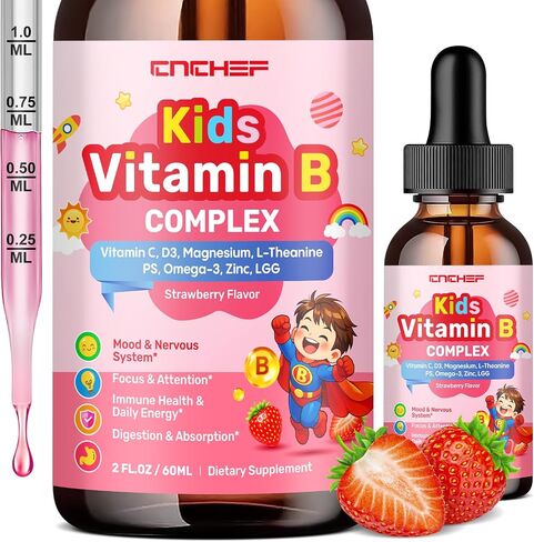 Vitamin B Complex for Kids, B1, B2, B3, B6, B9(Folate), B12, Omega-3 & Magnesium, Kids B Complex Liquid Supplement for Brain, Energy, Focus, Metabolism, Gut & Immune Support,Strawberry Flavor,2 fl oz in Saudi Arabia