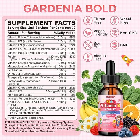 Vitamin B Complex for Kids, B1, B2, B3, B6, B9(Folate), B12, Omega-3 & Magnesium, Kids B Complex Liquid Supplement for Brain, Energy, Focus, Metabolism, Gut & Immune Support,Strawberry Flavor,2 fl oz in Saudi Arabia