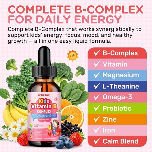 Vitamin B Complex for Kids, B1, B2, B3, B6, B9(Folate), B12, Omega-3 & Magnesium, Kids B Complex Liquid Supplement for Brain, Energy, Focus, Metabolism, Gut & Immune Support,Strawberry Flavor,2 fl oz in Saudi Arabia