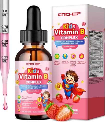 Vitamin B Complex for Kids, B1, B2, B3, B6, B9(Folate), B12, Omega-3 & Magnesium, Kids B Complex Liquid Supplement for Brain, Energy, Focus, Metabolism, Gut & Immune Support,Strawberry Flavor,2 fl oz in Saudi Arabia