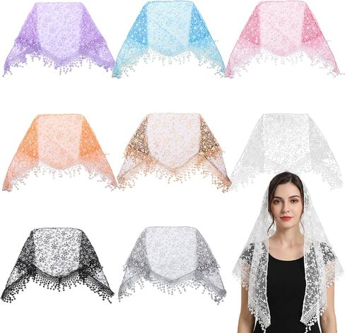 MAQUITA 8 Pcs Triangle Lace Veils for Church, Mantilla Veil Set with Tassel, Catholic Chapel Head Covering for Women, Floral Lace Scarf for Wedding Funeral Mass, 8 Colors 55x17.7 Inches in Kuwait